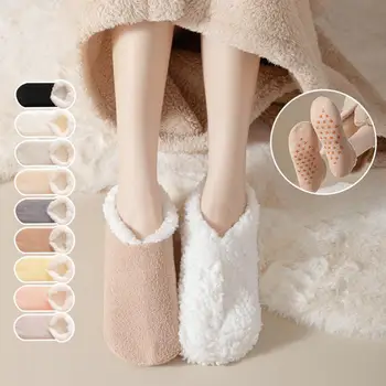 1 пара толстых теплых носков для сна, тапочки для женщин и девочек, осенне-зимние бархатные домашние носки-тапочки, нескользящая средняя трубка, Кавайные милые носки 0