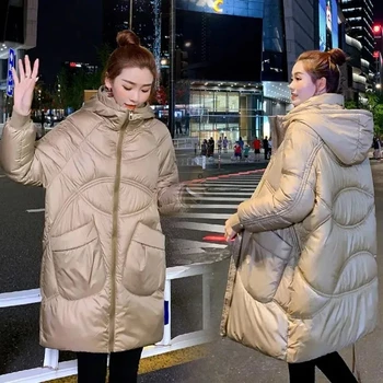 2023 Зимняя Стеганая куртка средней длины с капюшоном, одежда для хлеба, Новая Корейская версия, Свободная Пуховая хлопчатобумажная одежда, утепленное пальто, женское пальто