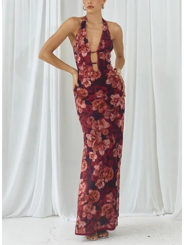 Женское длинное тонкое платье с цветочным принтом, на шнуровке, с коротким вырезом, без рукавов, нерегулярное платье 2024, Летнее вечернее платье с открытой спиной