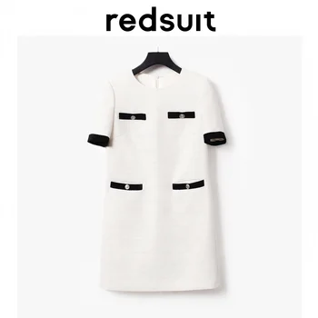 Redsut Классического черно-белого контрастного цвета, простое платье с коротким рукавом и небольшим ароматом, круглый вырез, облегающее кожу, прямое