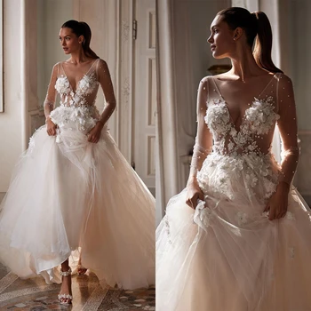 Иллюзионные свадебные платья трапециевидной формы с круглым вырезом, расшитые жемчугом, цветочными аппликациями, свадебные платья с длинным рукавом и открытой спиной