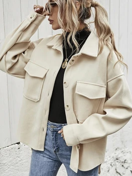 Модная и удобная женская куртка 2023, Весенняя новинка, воротник Поло, однобортное утолщенное однотонное шерстяное пальто