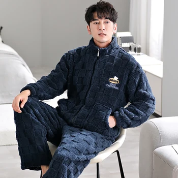 Мужская Зимняя Теплая Утепленная Фланелевая Пижама Модная Мужская Пижама на Молнии для Сна в Корейском Стиле, Удобная Мягкая Пижама Hombre