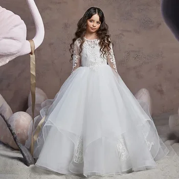 Детское свадебное платье с кружевными рукавами и круглым вырезом, детская прогулка, представление, пышная юбка