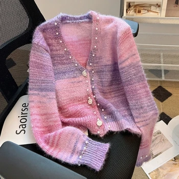 Розовый Фиолетовый мягкий клеевой вязаный свитер для женщин 2023, осенняя верхняя одежда, дизайнерский кардиган с V-образным вырезом и бусинами, свитер