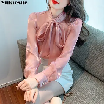 Новая весенне-летняя Корейская модная элегантная шифоновая рубашка с бантом на шнуровке с V-образным вырезом, Женские атласные шелковые рубашки, топы для офиса Advanced Sense