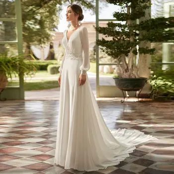 Элегантное шифоновое свадебное платье 2023, Женское кружевное свадебное платье трапециевидной формы с длинным рукавом и V-образным вырезом, Винтажное свадебное платье со шлейфом и драпировкой для женщин-невест. 3