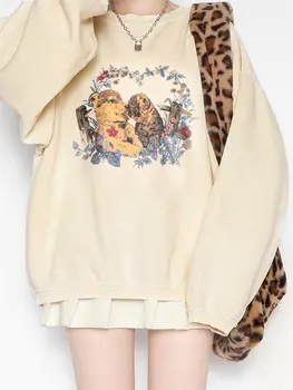 Женские толстовки оверсайз с винтажным рисунком, пуловеры с круглым вырезом и длинными рукавами, осенняя одежда