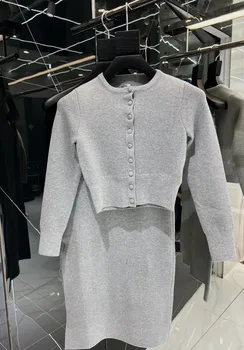 Женская одежда 2023 года, однобортный свитер, кардиган + прямая юбка, шерстяной комплект из двух предметов, осень-зима, новинка