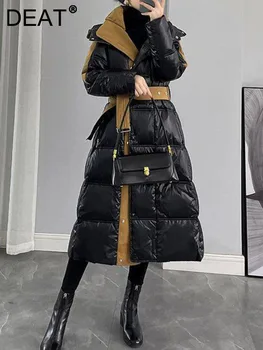 Модное женское глянцевое пуховое пальто с капюшоном и длинным рукавом контрастного цвета, сшитое выше колен, утолщенное пальто Зима 2024, новинка 7AB3057