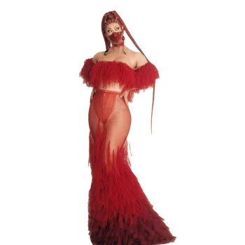 Сексуальное красное сетчатое прозрачное свадебное платье Русалки с вырезом лодочкой, женские сценические костюмы С открытыми плечами, Вечерние платья для выпускного вечера