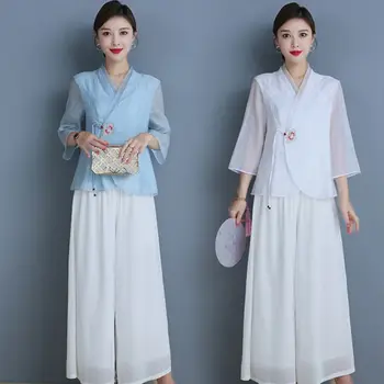Женская одежда в китайском стиле 2023, летняя мода, винтажный шифоновый топ с вышивкой Hanfu, брючный костюм, повседневная одежда Z405