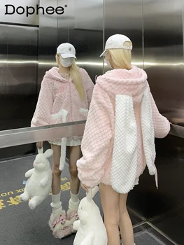 Женское хлопчатобумажное пальто с бантом и заячьими ушками в милом стиле 2023, зимнее утолщенное пальто из овечьей шерсти в японском стиле для студенток 0