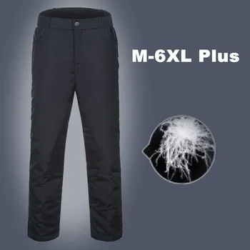 Мужские пуховые хлопчатобумажные брюки 6XL Плюс размер, повседневные Свободные пуховые брюки с высокой талией, Зимние толстые теплые водонепроницаемые походные лыжные брюки на открытом воздухе
