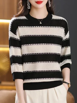 Топы-свитера в полоску, весна-лето, Корейская модная Женская одежда, пуловер с коротким рукавом, женские свитера Pull Femme