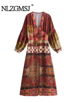 Nlzgmsj TRAF 2023 Осеннее женское богемное платье в винтажном стиле с V-образным вырезом и длинными рукавами, облегающие платья, платье миди