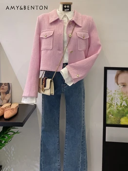 Женское модное короткое пальто с отложным воротником, весна-осень, новые однобортные высококачественные милые тонкие пиджаки для женщин