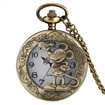 Старомодный комический мультфильм с бронзовым рисунком мыши, Кварцевые Карманные часы, ожерелье, подвеска-брелок, Антикварные часы с цепочкой 80 см/30 см