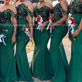 Изумрудно-зеленые платья подружек невесты с блестками, Длинные платья-спагетти 