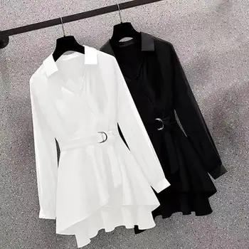 Стильная блузка с длинными рукавами и складками, весна-осень, Корейская свободная женская одежда, повседневная асимметричная однобортная рубашка