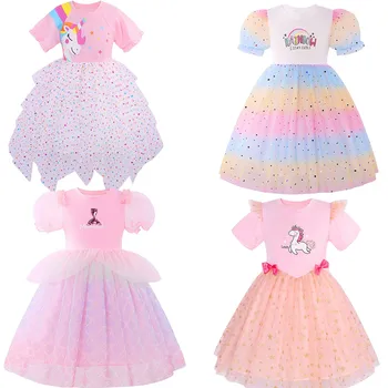 MUABABY 2023 НОВОЕ Эксклюзивное Летнее Платье для девочек Повседневная Одежда Очаровательные Милые Детские Платья Длиной до колен Unicron Rainbow Vestidos Robe