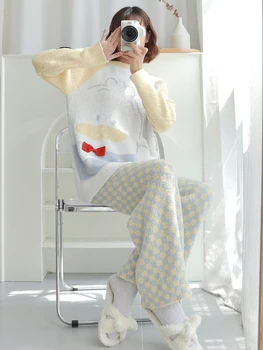 2023 Зимние Толстые Теплые Фланелевые Пижамные комплекты с длинным рукавом для женщин, Корейский Милый Мультяшный пижамный костюм, Пижама, домашняя одежда, Домашняя одежда 0