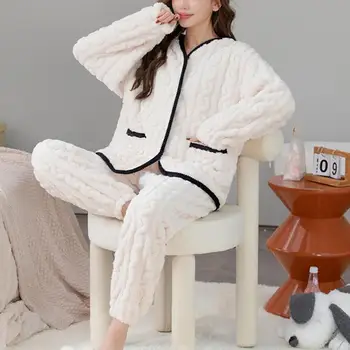 Женская утепленная теплая пижама, зимние плюшевые брюки с длинным рукавом, 2 предмета, Бархатный костюм для отдыха, Теплая домашняя одежда