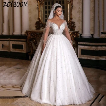 Роскошное белое свадебное платье 2024 с круглым вырезом, расшитое жемчугом, с длинными рукавами, бальное платье длиной до пола, свадебное платье со шлейфом и открытой спиной