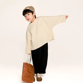 Детская одежда, футболка с длинными рукавами для мальчиков, весна 2024, новая модная однотонная Детская майка в корейском стиле, повседневная простая детская майка