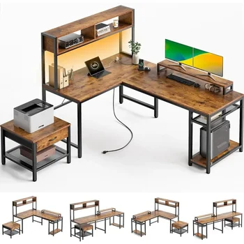 Реверсивный угловой стол с полкой для хранения и подставкой для монитора, L-образный компьютерный стол с розеткой и светодиодной лентой, бесплатная доставка