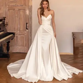 Сшитое на заказ Свадебное платье со съемным шлейфом 2 В 1 2023, Атласное, без рукавов, Простые платья Невесты Принцессы-Русалки, Vestido De Noiva