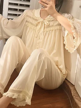 Женские Весенне-осенние Винтажные Викторианские ночные рубашки, Нежный шелковый кружевной камзол, кардиган, брюки, костюм-тройка, одежда для отдыха принцессы
