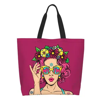 Забавный принт Модные, сексуальные Женские сумки для покупок в стиле Поп-Арт Kiss, моющиеся Холщовые сумки для покупок, сумка для мультяшной девочки на плечо
