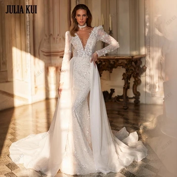 Julia Kui Изящное свадебное платье Русалки 2 В 1, великолепные свадебные платья с V-образным вырезом, украшенные бисером и жемчугом, с V-образным вырезом и трубой