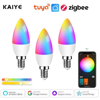 Умная Лампочка Tuya Zigbee E14 Candle Lamp RGB + CW + WW 5 Вт Приложение Smart Life С Голосовым Управлением, Совместимое с Alexa Google Home LED Dimmable