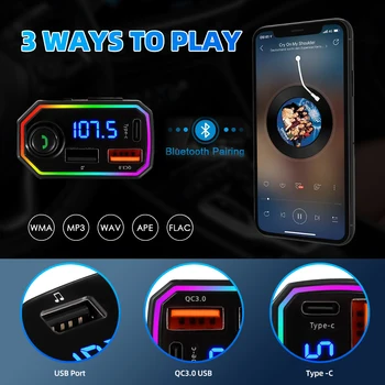 Автомобильный Bluetooth FM-передатчик, Розетка для прикуривателя PD 18 Вт Type-C, Двойное USB-зарядное устройство, 7 цветов света, MP3-плеер, аудиоприемник 2