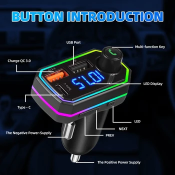 Автомобильный Bluetooth FM-передатчик, Розетка для прикуривателя PD 18 Вт Type-C, Двойное USB-зарядное устройство, 7 цветов света, MP3-плеер, аудиоприемник 3