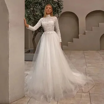 Простое и элегантное свадебное платье для женщин с высоким воротом и длинным рукавом, свадебное платье трапециевидной формы на заказ, романтическое свадебное пляжное платье