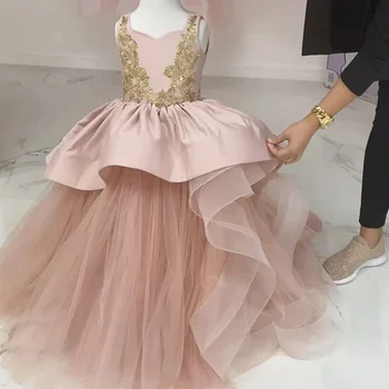 Lolital Реальное изображение Розовые длинные платья для девочек, сшитые на заказ на День рождения, Детские платья с золотым кружевом и тюлем для девочек в цветочек на свадьбу