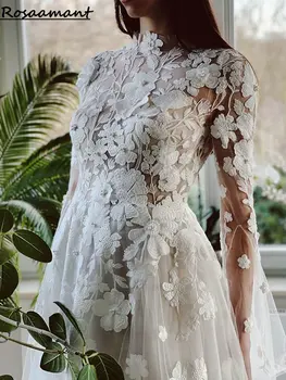 Богемные свадебные платья трапециевидной формы с высоким воротом, с длинным рукавом, открытой спиной, кружевные свадебные платья с аппликацией в виде 3D цветов
