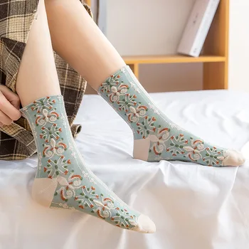 3 пары женских хлопчатобумажных носков Four Seasons в стиле ретро с цветочным рисунком и 3D-тиснением для отдыха на каждый день 0