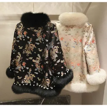 2024 новое пальто cheongsam с улучшенной подкладкой в китайском стиле, жаккардовое плетение, плюшевый воротник, женские комбинезоны cheongsam daily, женское пальто