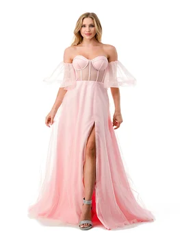 Вечерние платья, великолепное платье с высоким разрезом, сексуальное платье в пол, с открытыми плечами, Короткий рукав из тюля с разрезом в виде кристаллов 0