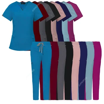 Медицинская униформа Scrubs, женские Аксессуары для медсестер, медицинские скрабы, Топы + брюки, однотонная больничная униформа для женщин, Оптовая цена 0