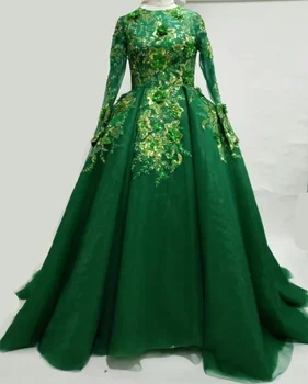 Бальное платье из органзы, платья для выпускного вечера с длинными рукавами, зеленые мусульманские элегантные скромные платья, вечерние исламские сексуальные 2024 вечернее платье E10033 0