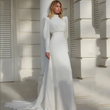 2024 Современное Свадебное платье из белого шифона с высоким воротом, длинный рукав-фонарь, складки на пуговицах, Элегантные свадебные платья Vestidos De Novia 0