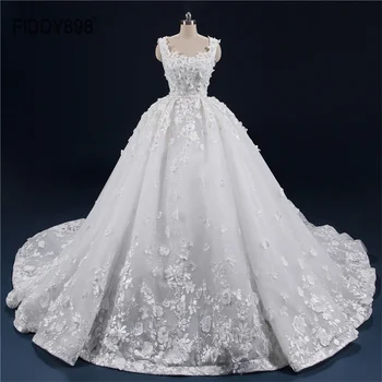 FIDD898 Свадебное бальное платье без рукавов из атласной ткани с квадратным вырезом и 3D цветами, свадебные платья для женщин ZW00158
