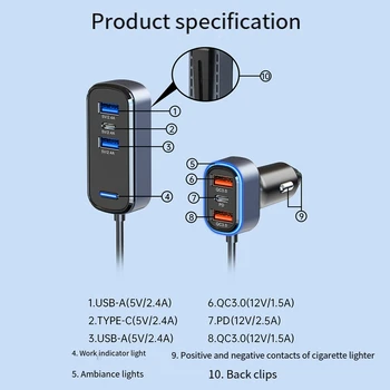 Автомобильное зарядное устройство Super Mini USB C мощностью 75 Вт, автомобильное зарядное устройство USB C, цельнометаллическое автомобильное зарядное устройство с 6 портами (черное) 2