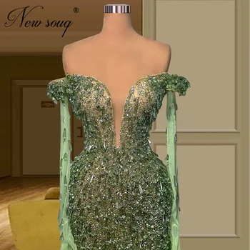 Элегантные зеленые платья русалки для выпускного вечера, новое поступление, вечернее платье с открытыми плечами, расшитое бисером и кристаллами, арабское платье для свадебной вечеринки в Дубае 2023