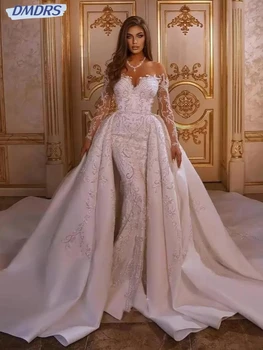 Изящный халат невесты с открытыми плечами, Блестящее свадебное платье из бисера, Роскошное Атласное длинное свадебное платье трапециевидной формы Robe De Mariée